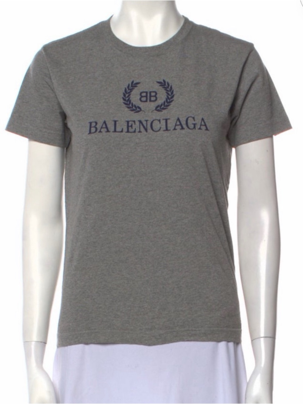 Balenciaga Grey Tee with Navy Logo and Laurel